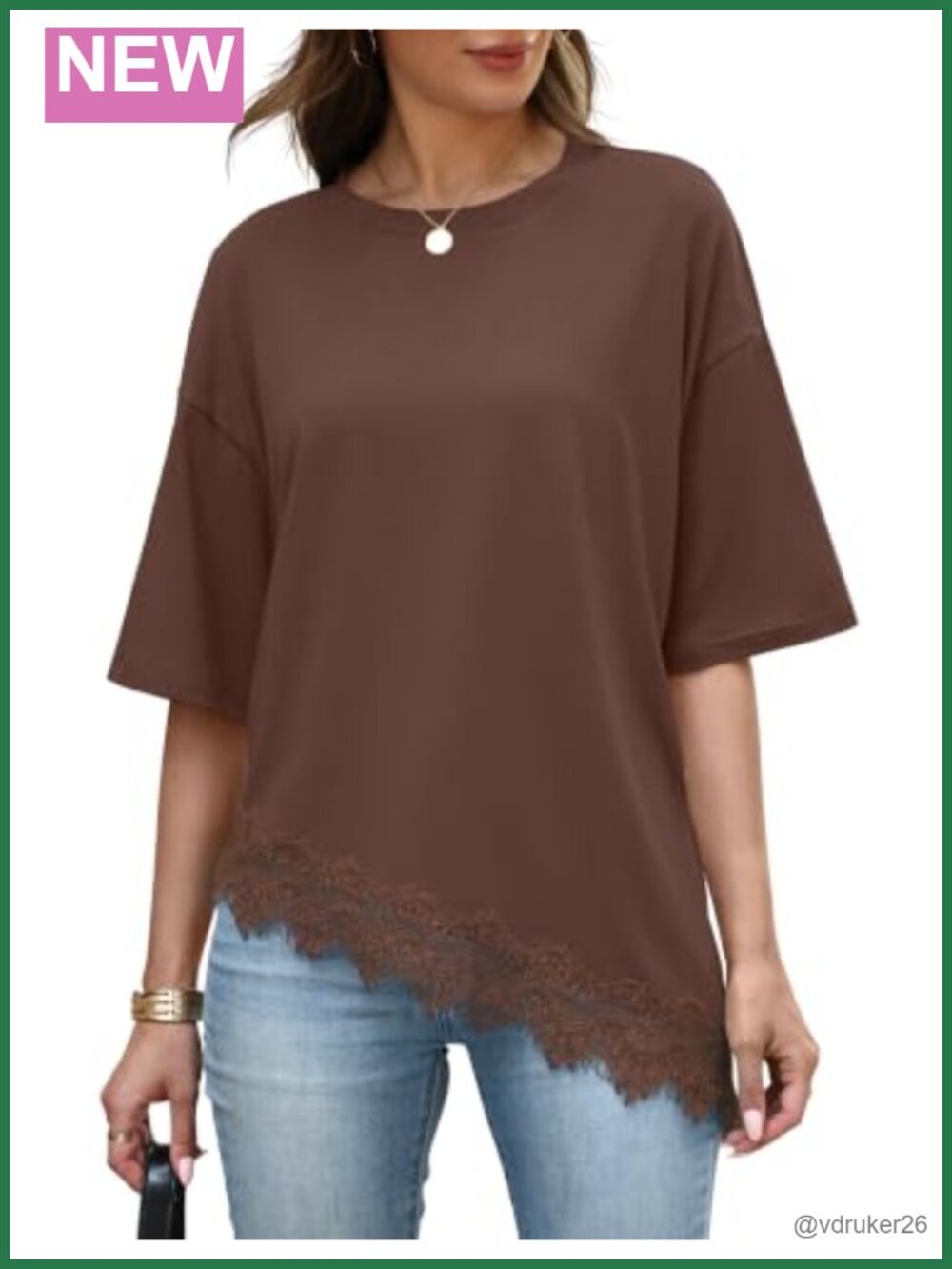 Womens Lace Hem Oversized T-Shirt Asymmetrical Drop Shoulder Top